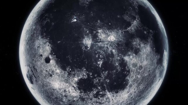 Close-up of the full moon against a dark black sky, showing detailed craters, surface texture, and bright lunar light