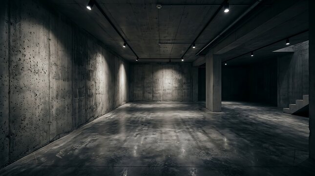 Industrial concrete room with dramatic spotlighting and reflective floor