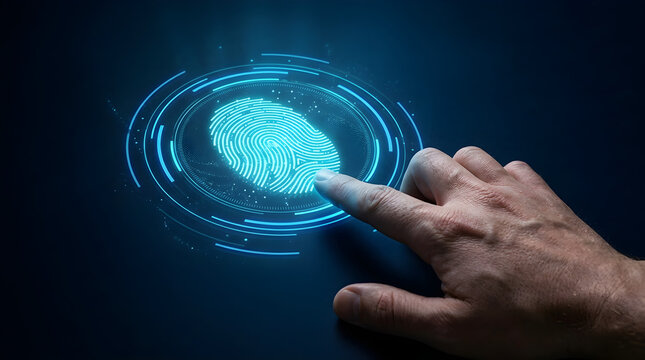 finger touching glowing digital fingerprint interface