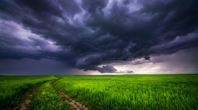 A dramatic stormy dark purple sky with heavy thunderclouds looming over a vibrant green grassy field with tire tracks