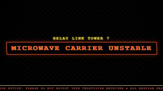 Retro television broadcast warning screen with microwave carrier unstable message