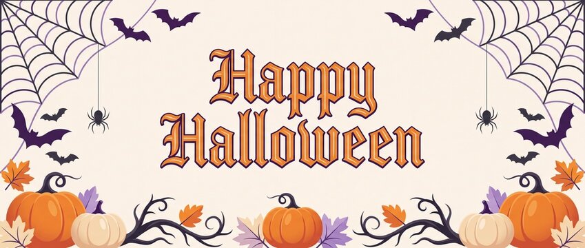Halloween background, happy halloween banner with pumpkins, bats, spiders, and autumn leaves