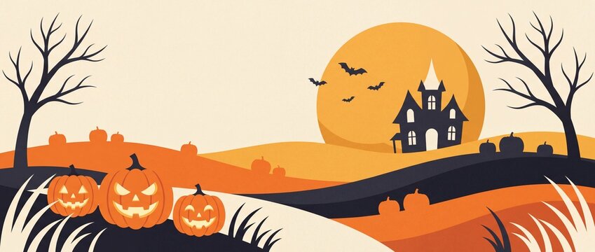 Halloween background, halloween night landscape with haunted house, full moon, bats, trees and pumpkins