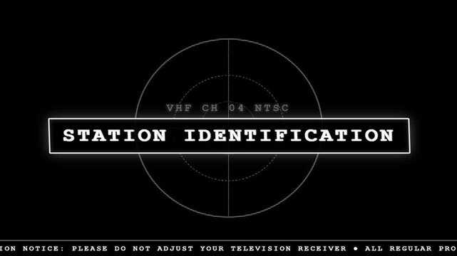 Retro television station identification broadcast test pattern with retro graphic elements and vintage test card design