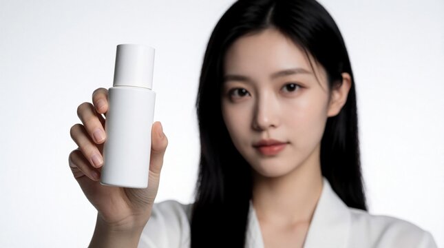 Young Asian woman holds minimalist white cosmetic bottle in front of camera. Pretty model presents skincare product with confident look. Studio shot of female person showing lotion serum for beauty
