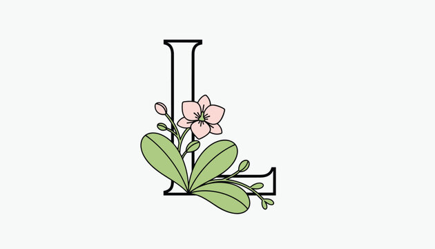 Elegant serif letter L beautifully adorned with a blooming pink flower and simple green leaves on white background.