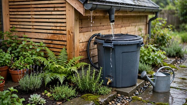 Rainwater harvesting system collecting water in garden grey barrel