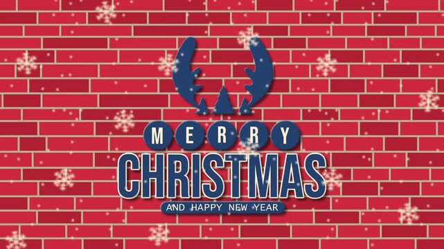 4K Christmas loop: blue reindeer antlers and Merry Christmas text on a red brick wall background with soft falling white snowflakes. Ideal backdrop for holiday intros, urban promos, and seasonal ads.