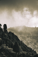 Scenic hill station landscape in India with green mountains, misty valleys and forest. Beautiful Himalayan scenery, ideal for travel, tourism, nature and holiday destination themes. © Sanket Mishra