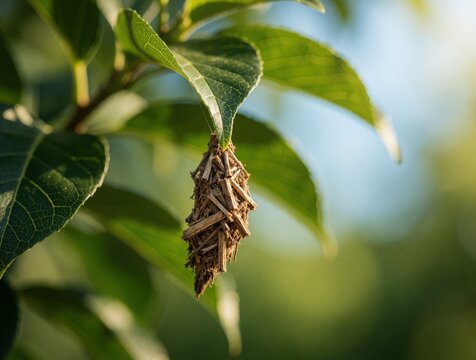 Macro shot of bagworm moth larva case hanging from green leaf on tree. Small insect builds protective silk cocoon with wood bits in garden. Natural wildlife habitat shows tiny bug life cycle in