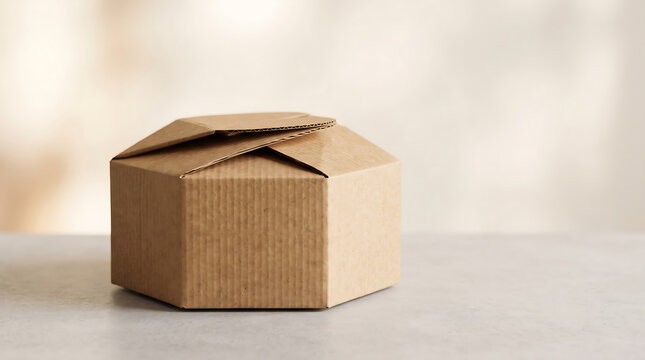 Hexagon brown corrugated cardboard gift box closed packaging on concrete table eco friendly packaging