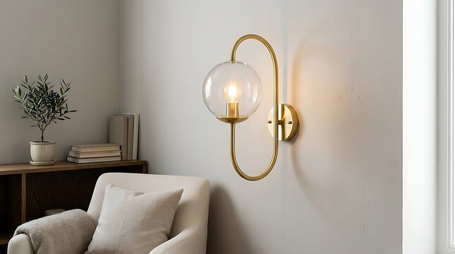 Modern brass wall lamp with clear glass globe illuminates cozy living room corner