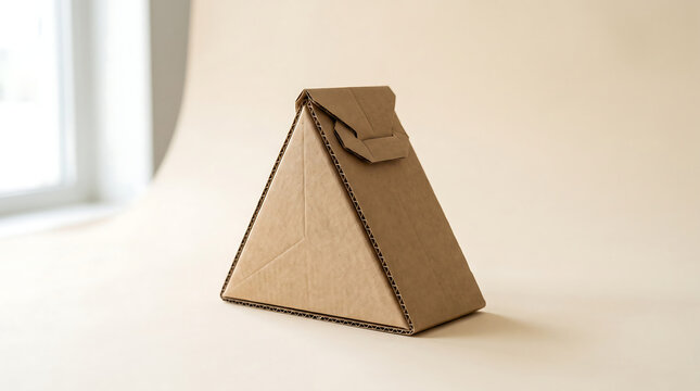 Triangle brown corrugated cardboard sandwich packaging box closed on beige studio background eco