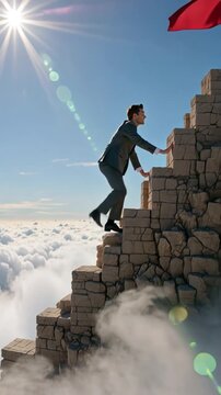Self overcome as a businessman climbing graph shape mountain over the clouds for reaching the finish flag. Life is full of ups and downs concept. Difficult road to win and success.