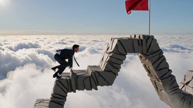 Self overcome as a businessman climbing graph shape mountain over the clouds for reaching the finish flag. Life is full of ups and downs concept. Difficult road to win and success.