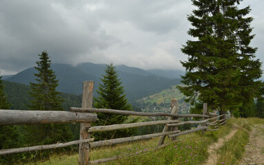 Naklejka premium Wooden fence along a dirt trail in the mountain countryside with pine trees and cloudy sky