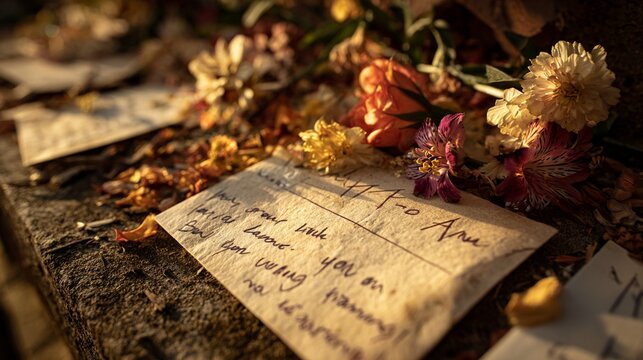 offering notes with flowers on a stone surface