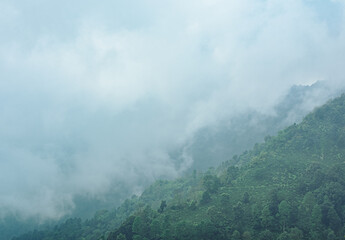 Scenic hill station landscape in India with green mountains, misty valleys and forest. Beautiful Himalayan scenery, ideal for travel, tourism, nature and holiday destination themes. © Sanket Mishra