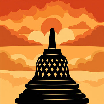 Single Borobudur stupa closeup black silhouette at sunset