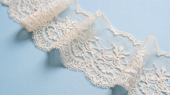 Delicate Cream Lace Trim on a Soft Blue Background.