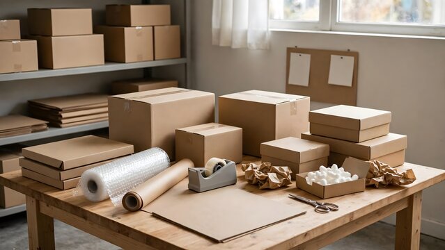 Packing supplies and cardboard boxes ready for moving or shipping