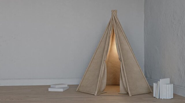 3D rendering animation of a cozy kids teepee tent with warm interior lighting, placed in a minimalist room corner with wooden floors and books.