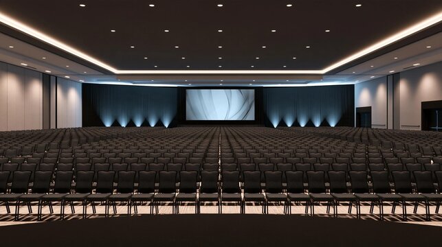 Large auditorium with rows of black chairs facing a stage. the stage is covered with a blue curtain and there is a large screen in the center of the room.