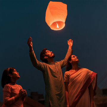 Family Releases Sky Lantern: A family joyfully releases a glowing sky lantern into the twilight sky, their faces illuminated by its warm light, embodying hope and togetherness.
