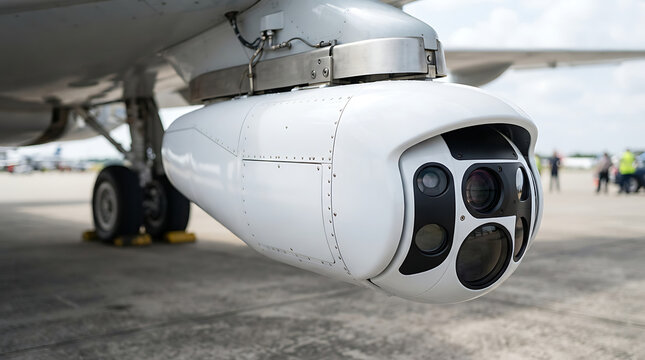 Close-up of an advanced optical sensor pod mounted on an aircraft for aerial reconnaissance and monitoring