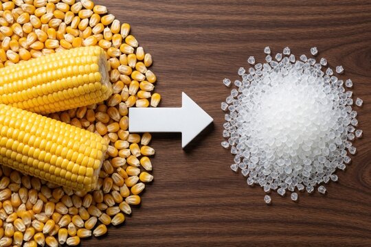 Corn kernels, cobs transform into white bioplastic pellets on wooden surface. White arrow shows process of making eco friendly biodegradable material from maize starch. Sustainable organic polymer