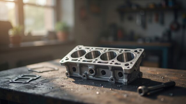 A newly machined engine block rests on a dusty workbench in a mechanic workshop. Ideal for automotive repair and manufacturing concepts.