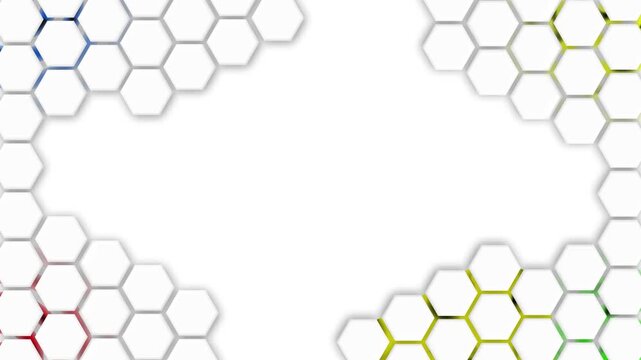 Hexagon corner frame tech background animation, Clustered gray 3D hexagon tiles at corners