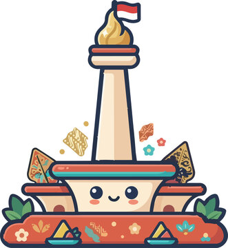 Cute monas monument illustration with indonesian batik patterns for