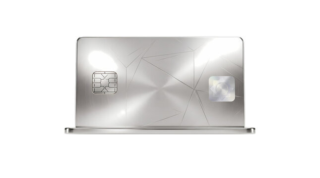 3D rendering of a platinum metal credit card with chip and hologram sticker on a stand, premium banking and payment concept, isolated on white, for finance, luxury and fintech designs