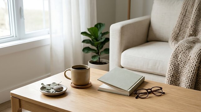 Cozy living room corner with coffee, book, and glasses on wooden table