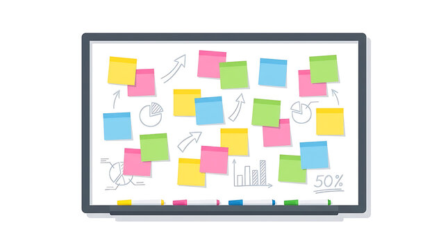 Whiteboard covered with colorful sticky notes and business data charts for team brainstorming sessions