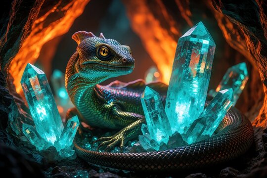 Mythical basilisk creature rests inside enchanted cavern among glowing blue crystals. Giant reptilian serpent with colorful scales sits near iridescent gemstones in dark underground cave. Magical