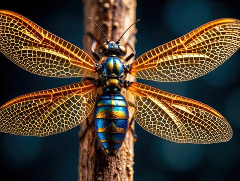 Macro shot of colorful winged insect with glowing orange translucent wings. Blue iridescent body sits on brown wooden branch. Detailed wing pattern shows complex texture. Exotic bug rests in nature