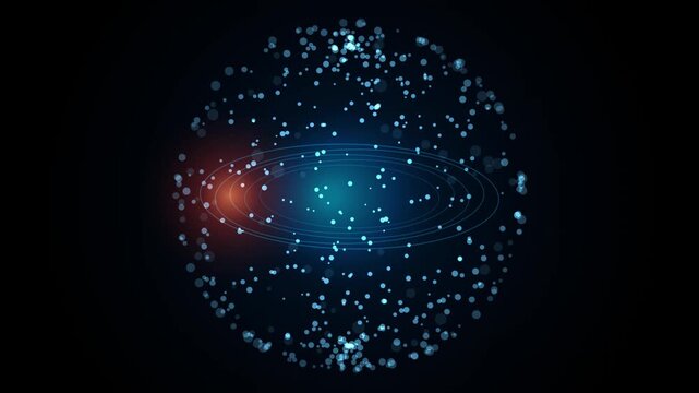 Quantum computing concept with glowing atom particle sphere and orbital rings on dark background