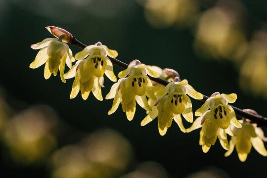 Close up of Corylopsis pauciflora shrub with yellow flowers. Winter hazel plant blooms in early spring season. Small primrose blossoms grow on thin brown branch in garden. Macro view of delicate