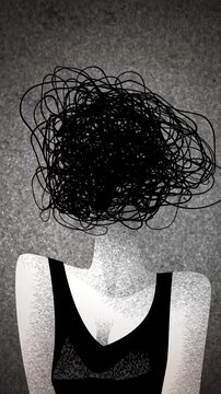 woman with tangled web of thought threads replacing her head representing mental confusion and overthinking
