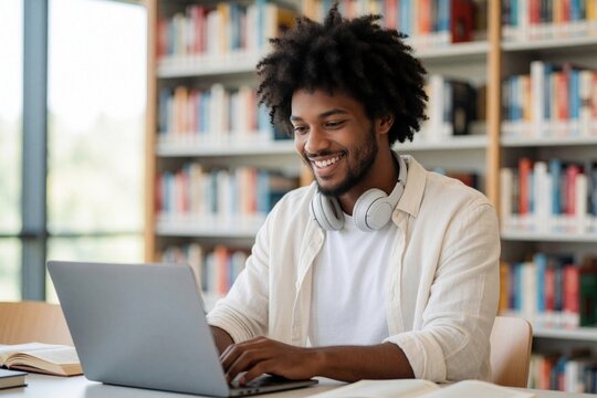Happy Black male university student uses laptop in college library. Young African American man smiles studying with wireless headphones on. Researches info online with modern tech for academic course
