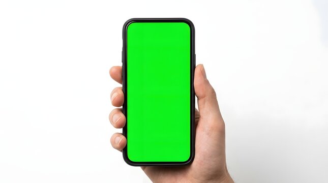 Hand Holding Smartphone with Green Screen Mockup Isolated on White Background