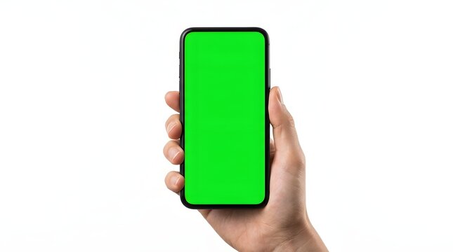 Close-up of Hand Holding Smartphone with Chroma Key Green Screen Isolated on White