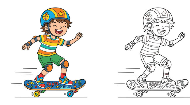 Cute cartoon boy riding skateboard vector illustration with outline coloring page for kids activity book