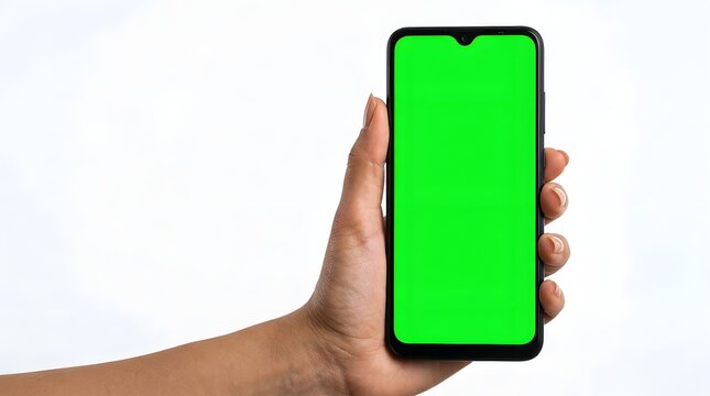 Hand Holding Smartphone with Green Screen Mockup Isolated on White