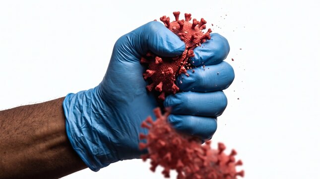 Hand in blue glove crushing red virus particles against white background.