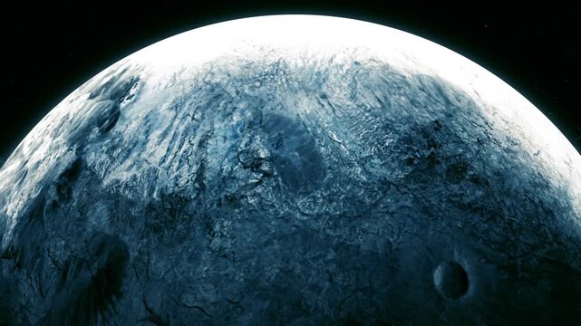 Icy planet or moon in deep space with a bright edge and dark cratered surface