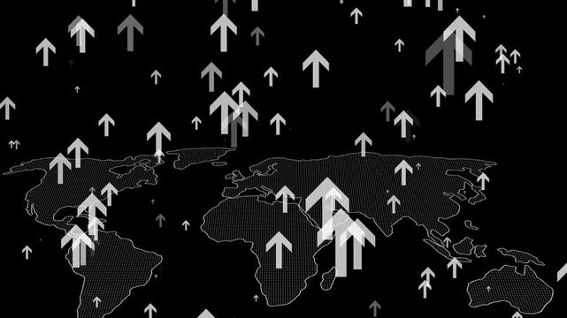 Global Growth and Progress Illustration, A digital world map with upward arrows symbolizing global growth and progress