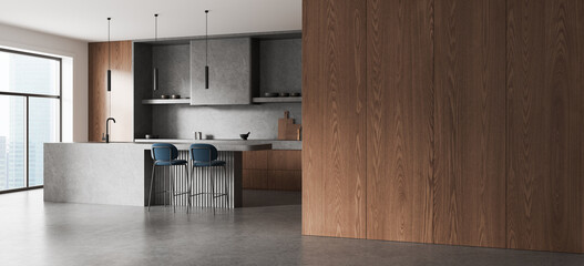 Obraz na płótnie Canvas Modern walnut kitchen interior design with concrete island, blue bar stools, pendant lighting, and expansive urban window. 3D Rendering